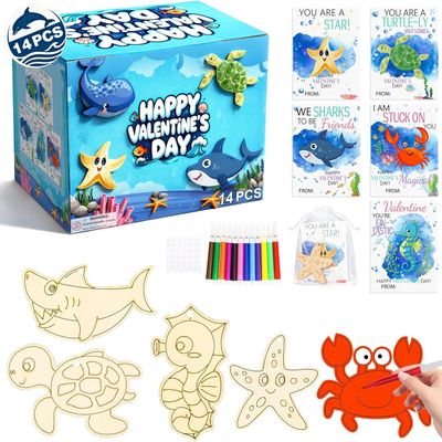 28 PCS Valentines Day Gifts for Kids Classroom, Paint Valentines Craft Kits W/ Sea Animals Wood Painting&Art Supplies, Valentines Cards for KidsValentine Party Favors School Exchange Gift for Girl