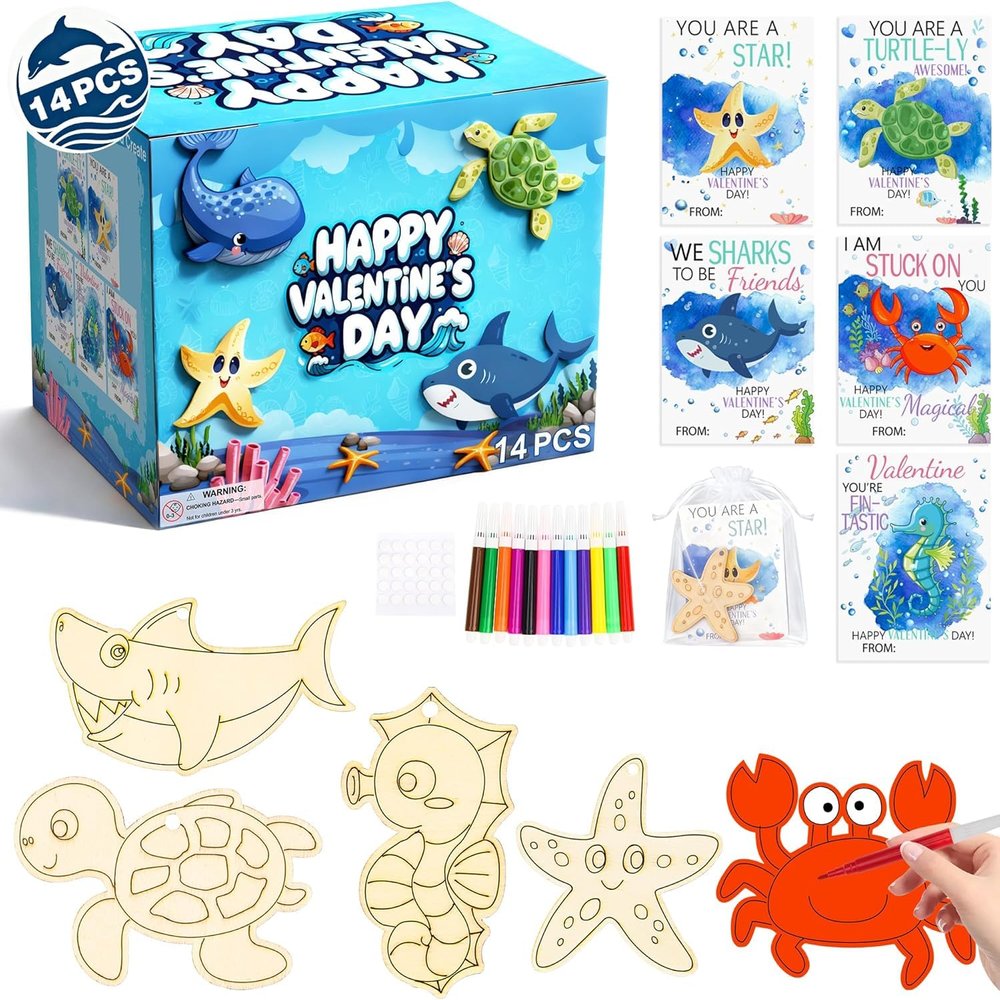 28 PCS Valentines Day Gifts for Kids Classroom, Paint Valentines Craft Kits W/ Sea Animals Wood Painting&Art Supplies, Valentines Cards for KidsValentine Party Favors School Exchange Gift for Girl