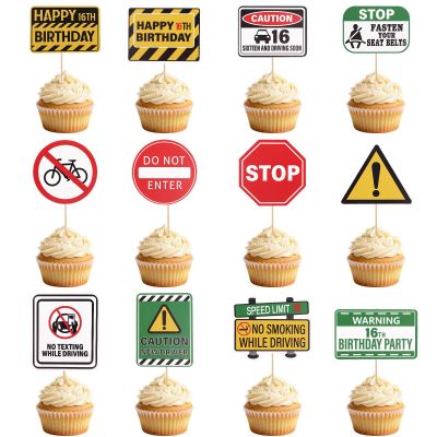 12pcs 16th Birthday Drivers License Cake Decorations, Funny Car Theme Cake Cupcake Toppers with Wooden Sticks for Boys Birthday Celebration New Driver Party Supplies