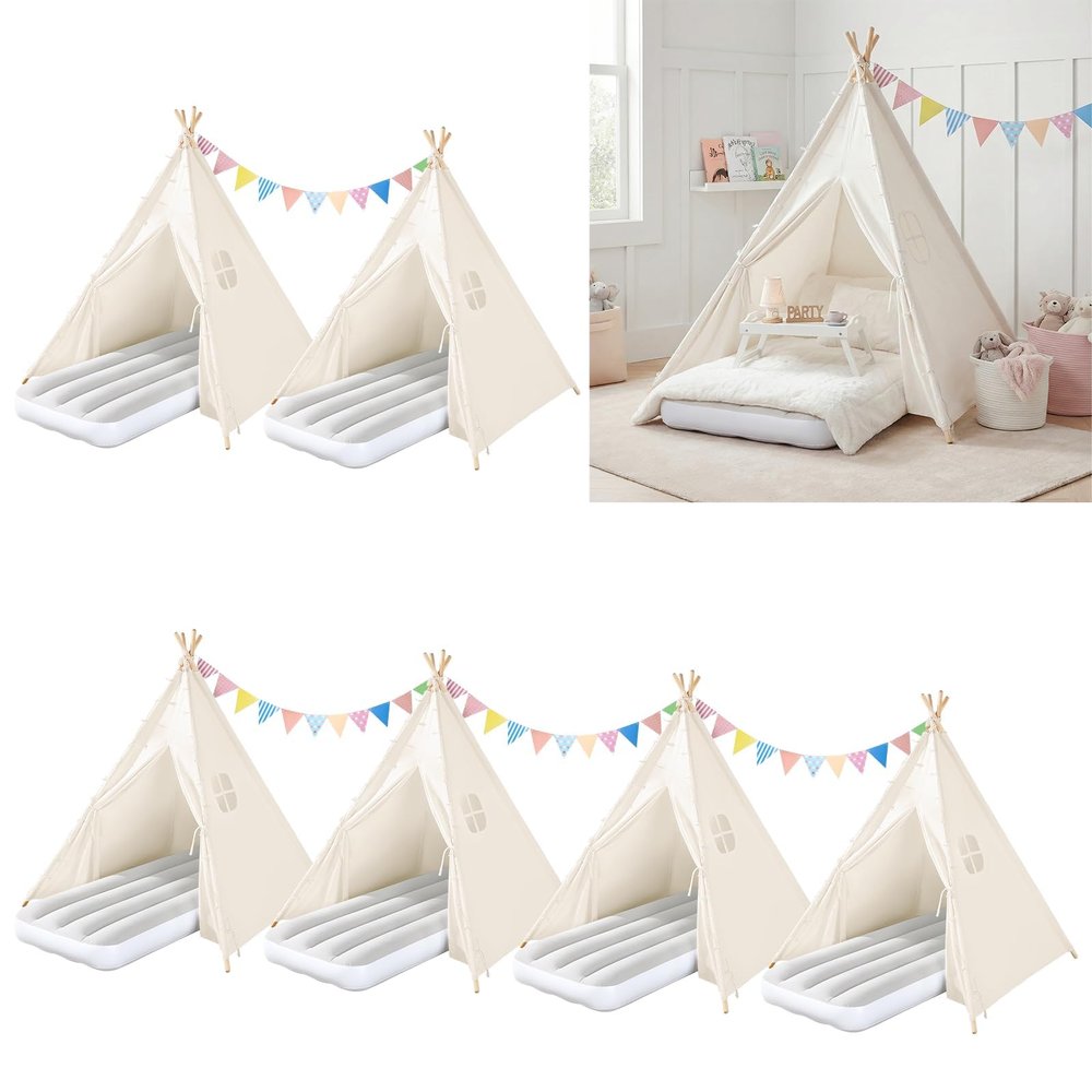 6 Pack Teepee Tent for Kids with Inflatable Airbed, Light, Indoor Toddler Sleepover Tents Children Room Tents for Slumber Party, Outdoor Kids Play Tent Play House for Girls & Boys