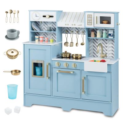 Costzon Kids Kitchen Playset, Toddler Pretend Cooking Playset w/Stoves, Faucet, Sink, Coffee Machine, Range Hood, Microwave Oven & Ice Dispenser, Wooden Chef Play Kitchen for Kids Aged 3+ (Blue)