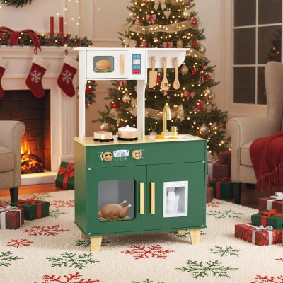 Costzon Kids Play Kitchen, Little Chef Kitchen Playset w/Microwave, Stoves, Rotation Knobs, Ice Dispenser, Faucet, Removable Sink & Cabinet, Wooden Pretend Play Kitchen for Girl Boy Aged 3+ (Green)