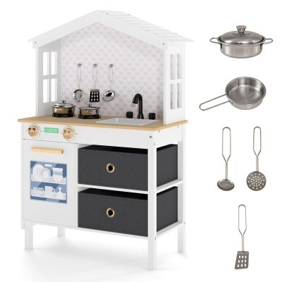 Costzon Kids Play Kitchen, Little Chef Montessori Cooking Toy Playset w/ 2 Stoves, Rotation Knobs, Faucet, Sink, Dishwasher, 2 Drawers & Cabinet, Wooden Kitchen Playset for Girls Boys Aged 3+ (White)