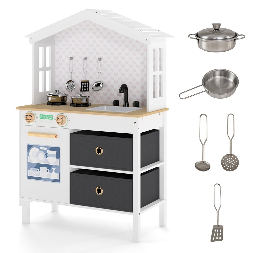 Costzon Kids Play Kitchen, Little Chef Montessori Cooking Toy Playset w/ 2 Stoves, Rotation Knobs, Faucet, Sink, Dishwasher, 2 Drawers & Cabinet, Wooden Kitchen Playset for Girls Boys Aged 3+ (White)