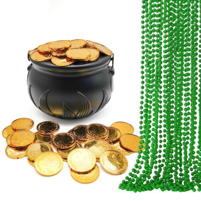 119 Pcs St Patricks Day Party Accessories Supplies Set Black Cauldron Pot 100 Plastic Lucky Shamrock Fake Coins 18 Green Bead Necklaces Irish Happy Saint Patricks Party Favors Decorations Bulk