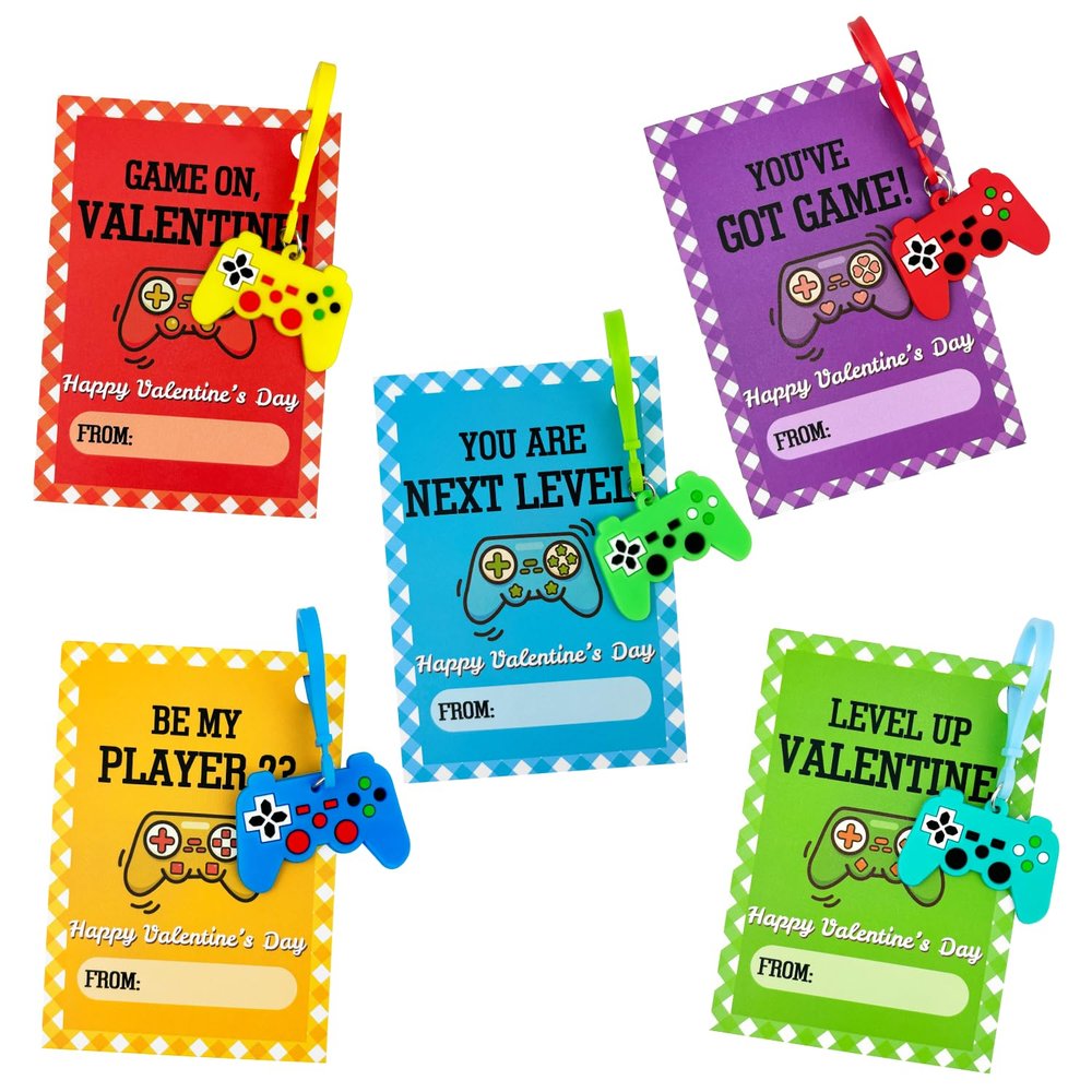 24 Pack Video Game Keychains With Valentines Exchange Cards for Kids, Small Valentines Day Class Gifts for Boys Age 6 7 8 9 10 11, Funny School Party Favors Goodie Bag Stuffers for Classmates Students