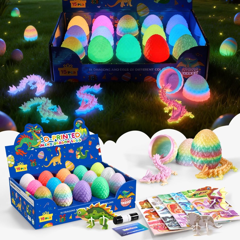 15PCS 3D Printed Dragon Egg Glow in the Dark,3D Dragon Eggs Set with Display Stand,Mini Dragons Eggs Set Fidget Toy,Easter Egg Stuffers,DIY Craft Kit ,Dino Eggs for 5-7 4-6 8-12 Year Old Boys Girls