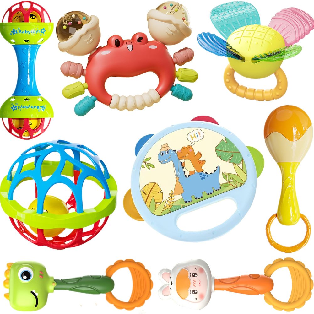 HAOHAOSHUA 8pcs Baby Rattles Toys Set for 3+ Months,Easy-Grasp Ball,Plastic Ringdrum,Barbell Rattles,Shakers and Teethers,BPA-Free,Lightweight,Unisex,Baby Gift
