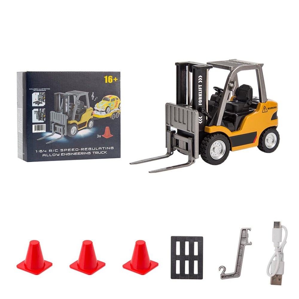FunXylophy 1/64 Mini RC Forklift, 2.4G 10KM/h Full-Proportional Remote Control Forklift with Wireless Controller, Cargo Hook, Forks and Pallet, Christmas & Birthday Gifts (Yellow)