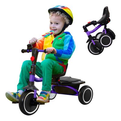 JooKiddie Toddler Tricycle, Kids Tricycle with Bell, Foldable Kids Trike for Age 18 Months to 5 Years, Baby Trike with Adjustable Seat, Gift for Boys and Girls, Purple