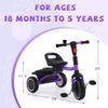 JooKiddie Toddler Tricycle, Kids Tricycle with Bell, Foldable Kids Trike for Age 18 Months to 5 Years, Baby Trike with Adjustable Seat, Gift for Boys and Girls, Purple view 2