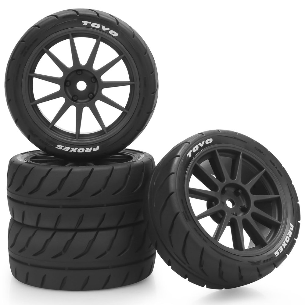 1/10 RC Tires and Wheels, daitoku 12mm Hex RC Rally Racing Tires for 1/10 Tamiya TT01 TT02 XV01 TA06 A959 PTG2 HPI KYOSHO HSP Traxxas - Style D (Black)