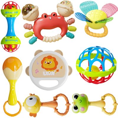 HAOHAOSHUA Infant Rattle and Teether Toy Set, 8PCS Baby Rattles Toys with Crinkle Sound,Teething Ring,Squeeze Toy for 3+ Months,Colorful Animal Design (Lion, Crab, Frog, Bird) for Sensory Development