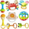 HAOHAOSHUA Infant Rattle and Teether Toy Set, 8PCS Baby Rattles Toys with Crinkle Sound,Teething Ring,Squeeze Toy for 3+ Months,Colorful Animal Design (Lion, Crab, Frog, Bird) for Sensory Development view 1