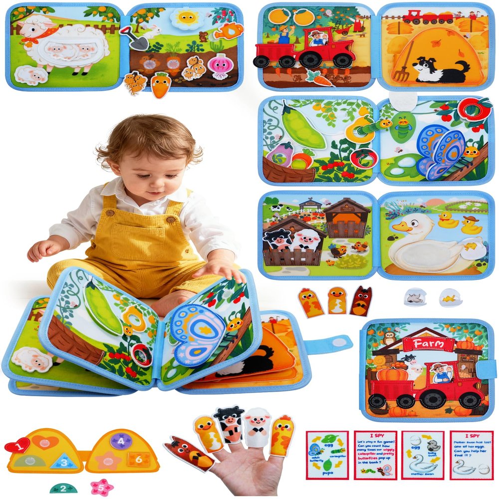 BizyKoady Montessori Toys Busy Book for 1-3, Toddler Busy Board for 1+ Year Old, Boy Birthday Gift Girl Toys Toddler Airplane Travel Toys Educational Learning Activity Books Felt Quiet Book (Farm)