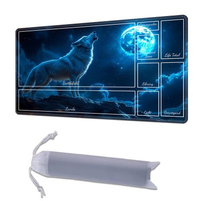 HGGJFLYX Playmat with Zone for MTG,24x14 Inch for TCG Playmat with Non-Slip Rubber Base,Smooth Surface Stitched Edges,Magic Card Game Mat with Storage Desk Mousepad,Blue Wolf Moon Howl
