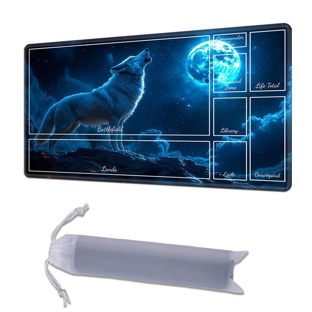HGGJFLYX Playmat with Zone for MTG,24x14 Inch for TCG Playmat with Non-Slip Rubber Base,Smooth Surface Stitched Edges,Magic Card Game Mat with Storage Desk Mousepad,Blue Wolf Moon Howl