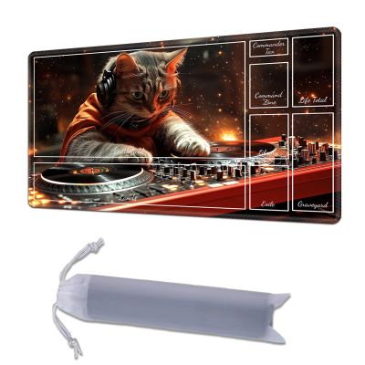 HGGJFLYX Playmat with Zone for MTG,24x14 Inch for TCG Playmat with Non-Slip Rubber Base,Smooth Surface Stitched Edges,Magic Card Game Mat with Storage Desk Mousepad,DJ Cat Mixer