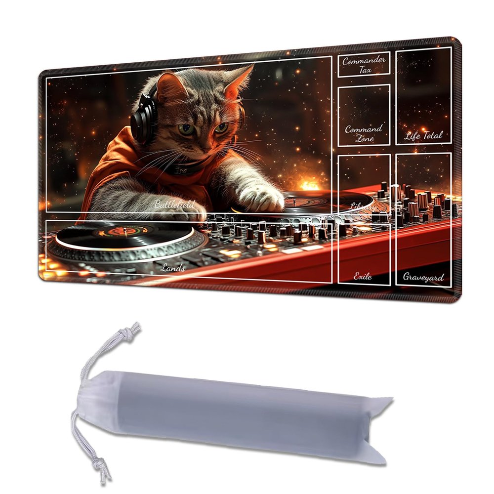 HGGJFLYX Playmat with Zone for MTG,24x14 Inch for TCG Playmat with Non-Slip Rubber Base,Smooth Surface Stitched Edges,Magic Card Game Mat with Storage Desk Mousepad,DJ Cat Mixer