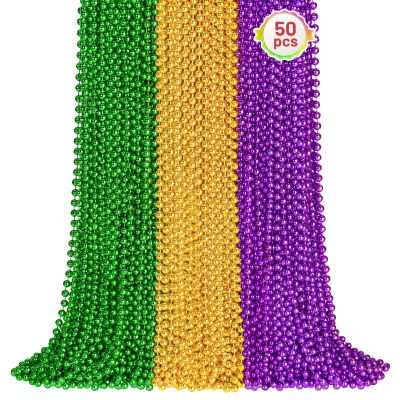 50PCS Mardi Gras Beads Bulk, 33'' Metallic Purple Green Gold Mardi Gras Beads Necklaces Accessories, Carnival Beaded Necklace for Parade Throws Costumes Accessory Party Decorations Supplies Favors