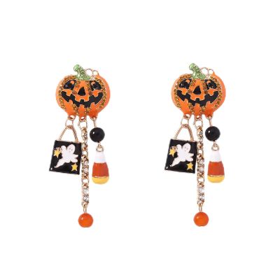 6.3 * 2.1cm Halloween Enamel Inlaid Zircon Pumpkin Skull Tassel Women'S Earrings,orange,6.3 * 2.1cm