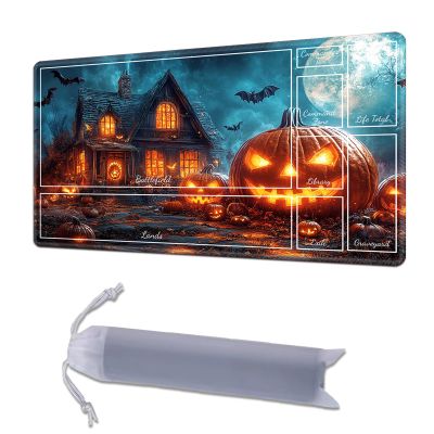 HGGJFLYX Playmat with Zone for MTG,24x14 Inch for TCG Playmat with Non-Slip Rubber Base,Smooth Surface Stitched Edges,Magic Card Game Mat with Storage Desk Mousepad,Pumpkin Haunted House