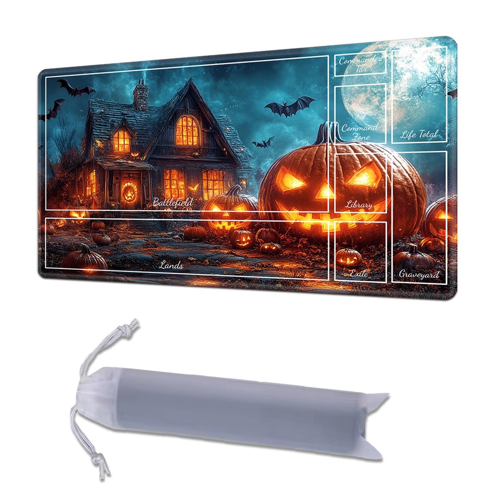 HGGJFLYX Playmat with Zone for MTG,24x14 Inch for TCG Playmat with Non-Slip Rubber Base,Smooth Surface Stitched Edges,Magic Card Game Mat with Storage Desk Mousepad,Pumpkin Haunted House