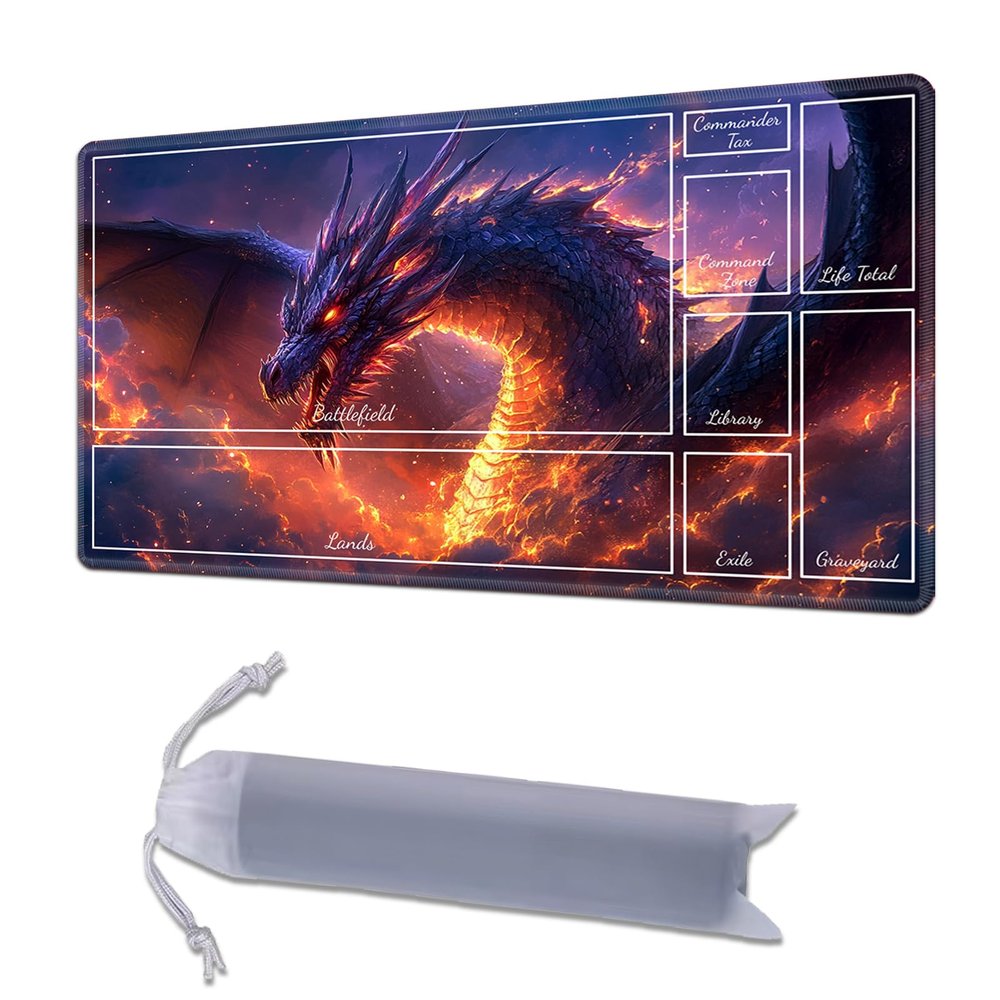 HGGJFLYX Playmat with Zone for MTG,24x14 Inch for TCG Playmat with Non-Slip Rubber Base,Smooth Surface Stitched Edges,Magic Card Game Mat with Storage Desk Mousepad,Fire-Breathing Dragon