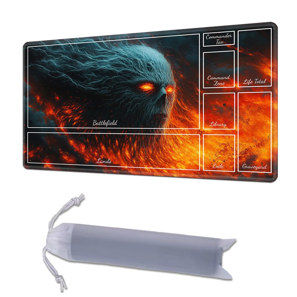 HGGJFLYX Playmat with Zone for MTG,24x14 Inch for TCG Playmat with Non-Slip Rubber Base,Smooth Surface Stitched Edges,Magic Card Game Mat with Storage Desk Mousepad,Fiery Ghost Entity