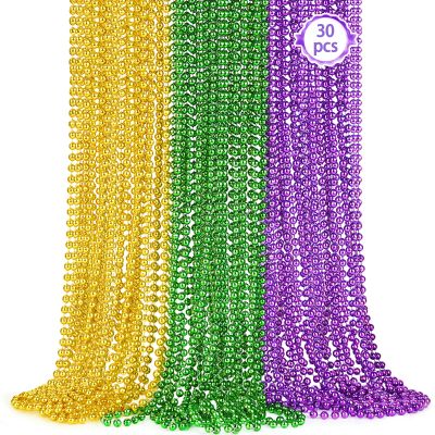 30PCS Mardi Gras Beads, 33'' Metallic Purple Green Gold Mardi Gras Beads Necklaces Accessories Bulk, Carnival Beaded Necklace for Parade Throws Costumes Accessory Party Decorations Supplies Favors