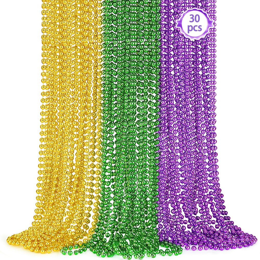 30PCS Mardi Gras Beads, 33'' Metallic Purple Green Gold Mardi Gras Beads Necklaces Accessories Bulk, Carnival Beaded Necklace for Parade Throws Costumes Accessory Party Decorations Supplies Favors