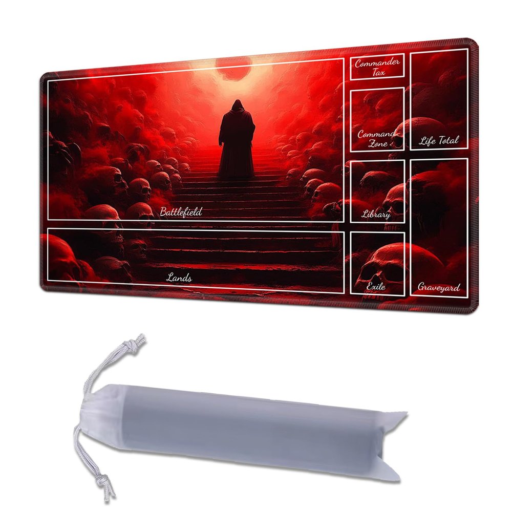HGGJFLYX Playmat with Zone for MTG,24x14 Inch for TCG Playmat with Non-Slip Rubber Base,Smooth Surface Stitched Edges,Magic Card Game Mat with Storage Desk Mousepad,Red Path of Skulls