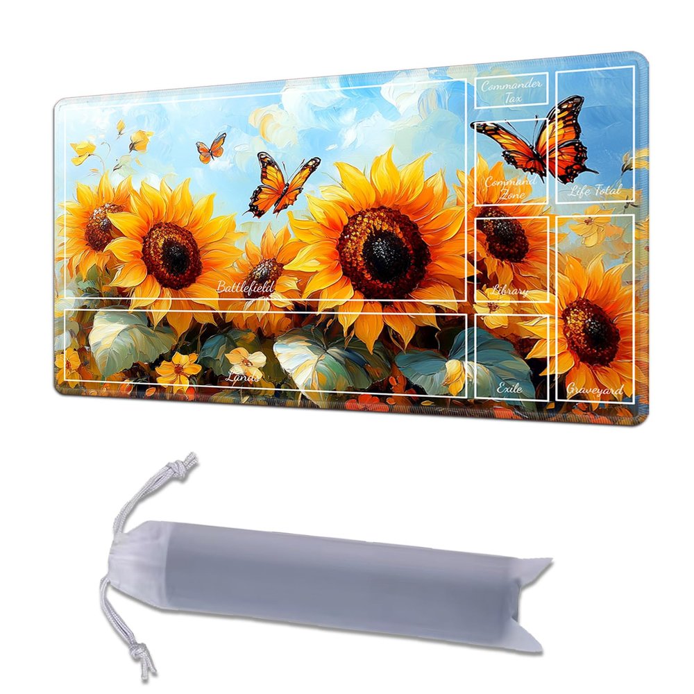 HGGJFLYX Playmat with Zone for MTG,24x14 Inch for TCG Playmat with Non-Slip Rubber Base,Smooth Surface Stitched Edges,Magic Card Game Mat with Storage Desk Mousepad,Sunflower Butterfly Field