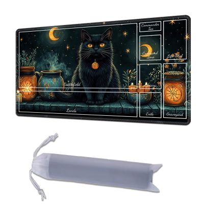 HGGJFLYX Playmat with Zone for MTG,24x14 Inch for TCG Playmat with Non-Slip Rubber Base,Smooth Surface Stitched Edges,Magic Card Game Mat with Storage Desk Mousepad,Witchy Black Cat Crescent Moon