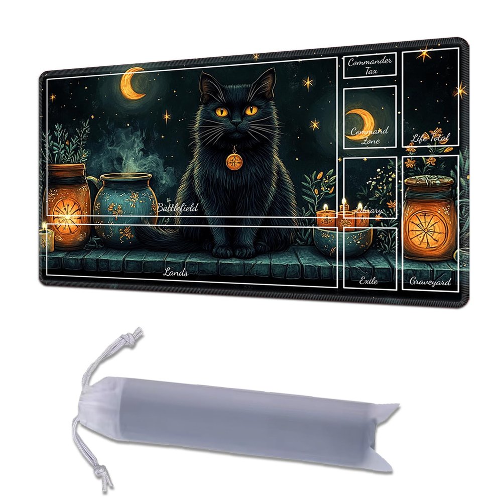 HGGJFLYX Playmat with Zone for MTG,24x14 Inch for TCG Playmat with Non-Slip Rubber Base,Smooth Surface Stitched Edges,Magic Card Game Mat with Storage Desk Mousepad,Witchy Black Cat Crescent Moon