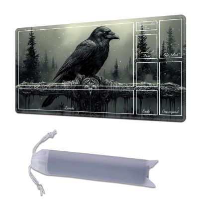 HGGJFLYX Playmat with Zone for MTG,24x14 Inch for TCG Playmat with Non-Slip Rubber Base,Smooth Surface Stitched Edges,Magic Card Game Mat with Storage Desk Mousepad,Snowy Raven Ornate Perch