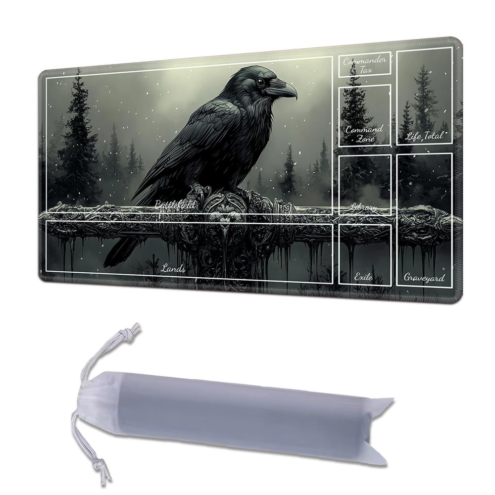 HGGJFLYX Playmat with Zone for MTG,24x14 Inch for TCG Playmat with Non-Slip Rubber Base,Smooth Surface Stitched Edges,Magic Card Game Mat with Storage Desk Mousepad,Snowy Raven Ornate Perch