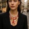 Bohemian Imitation Pearl Double Layered Starfish Coral Pendant Necklace,red,40+7cm/45+7cm view 2