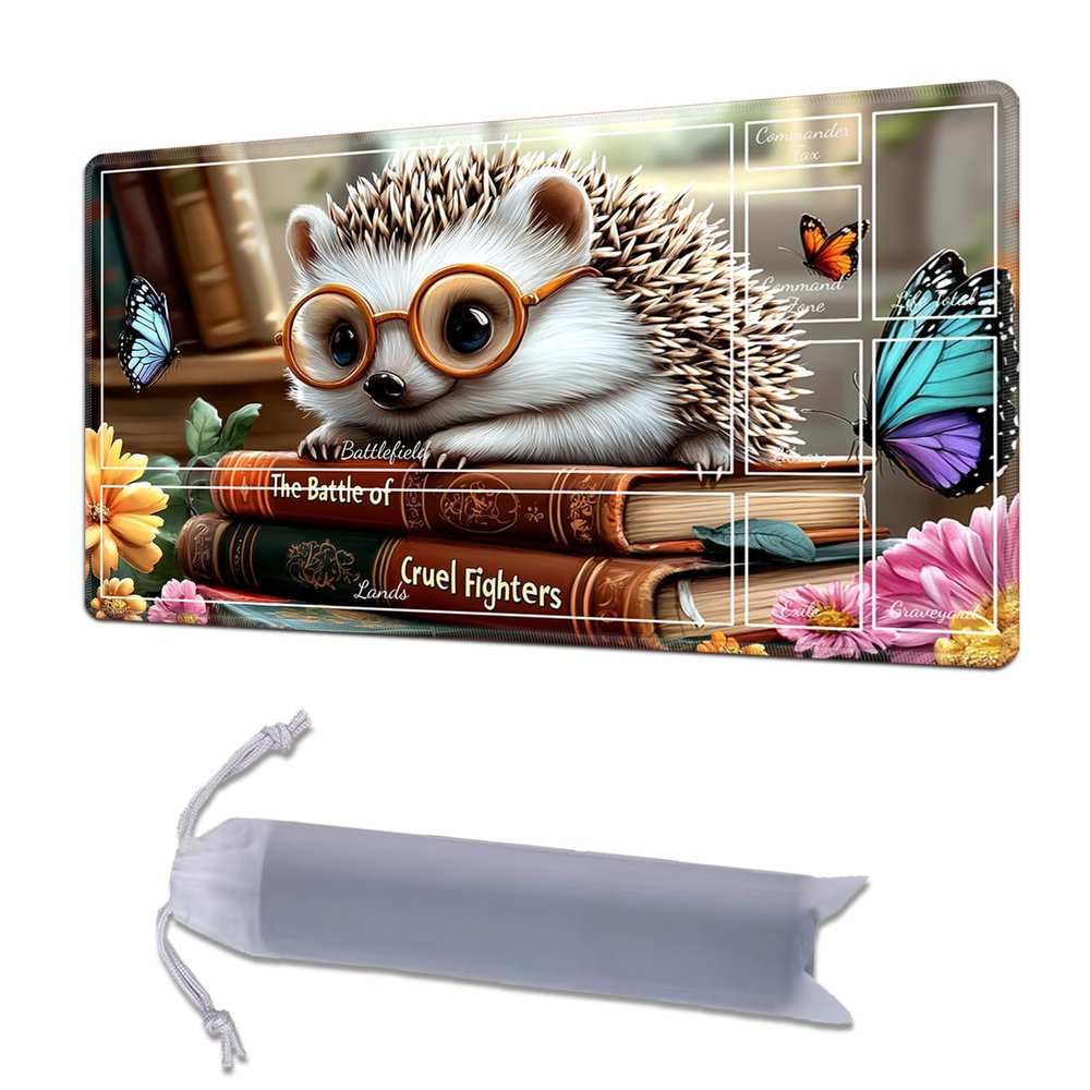 HGGJFLYX Playmat with Zone for MTG,24x14 Inch for TCG Playmat with Non-Slip Rubber Base,Smooth Surface Stitched Edges,Magic Card Game Mat with Storage Desk Mousepad,Glasses Hedgehog Book