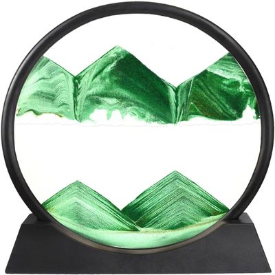 7 inch moving sand art display - dynamic sandscape in round glass frame, green desktop decor