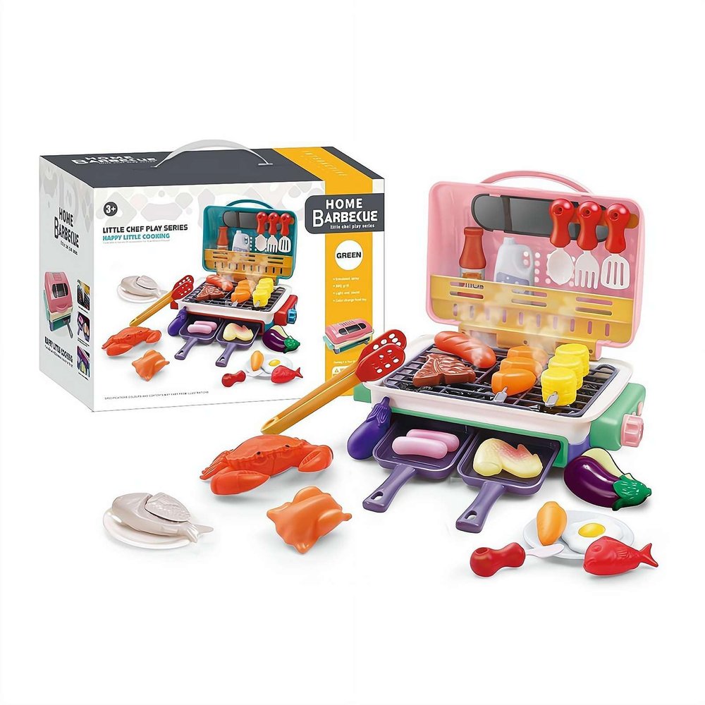 35 Pcs Kids BBQ Toy Grill Set, Kid BBQ Grill Kitchen Playset with Smoke and Sound & Light, Role Play Kitchen Accessories, Christmas Birthday Gift for Boys & Girls Ages 4-8 (Pink 1set)