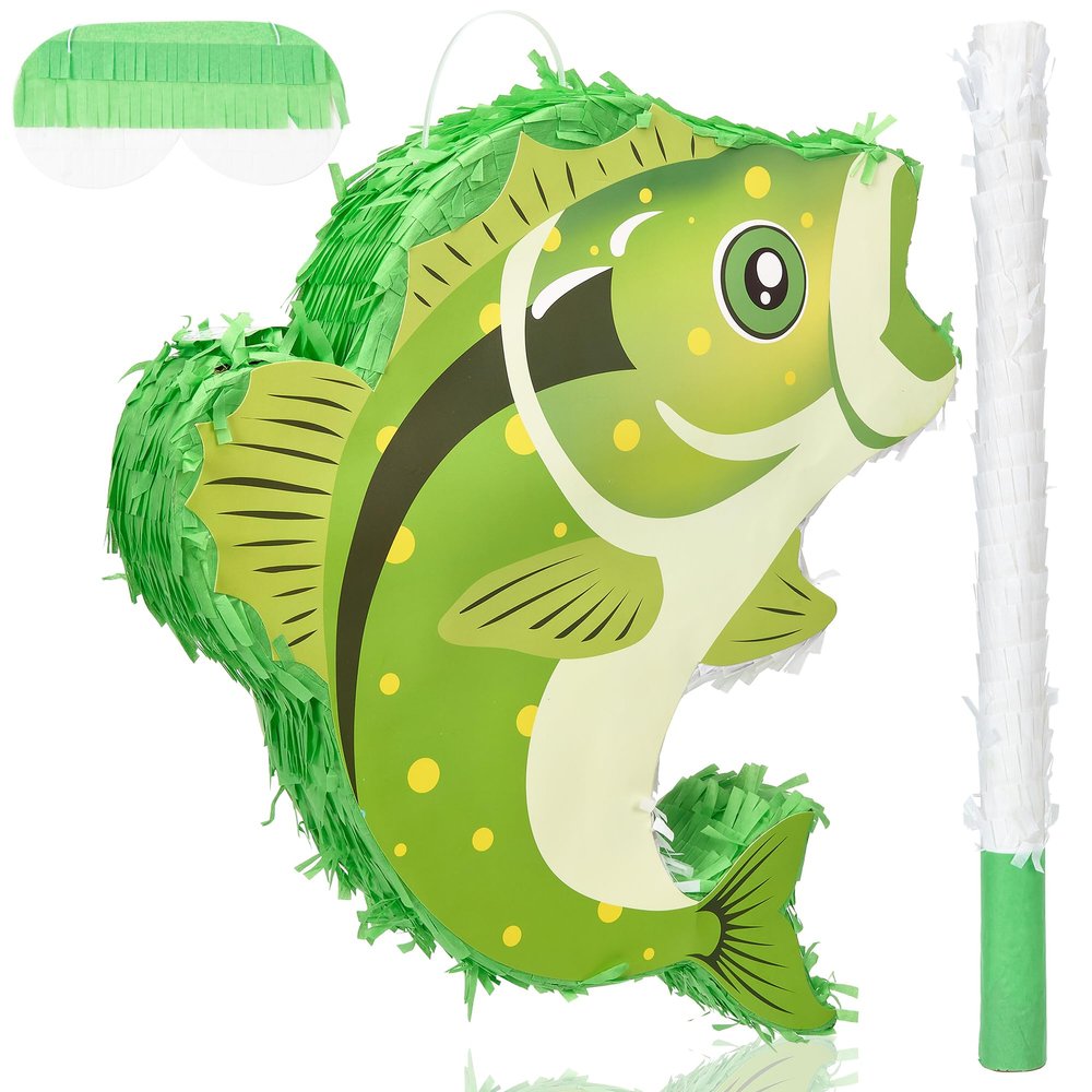 Bafei Fish Piata for Fishing Birthday Party Supplies, 15.7x13.7x2.4 Inch Fish Shaped Pinata with Stick & Blindfold, Sea Animal Theme Party Decorations for Birthday Party
