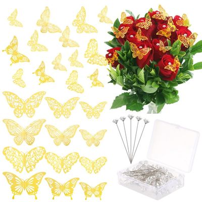148 Pieces Corsages Wedding Decorations, 48 Pieces 3D Gold Butterfly Wall Decals, Including 100 Pieces Corsages Bouquet Pins, Accessory for Party, Wedding