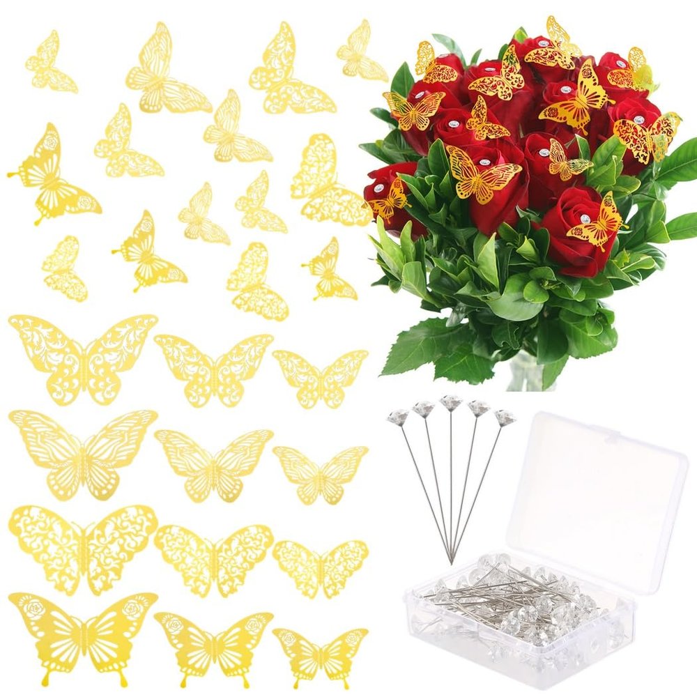 148 Pieces Corsages Wedding Decorations, 48 Pieces 3D Gold Butterfly Wall Decals, Including 100 Pieces Corsages Bouquet Pins, Accessory for Party, Wedding