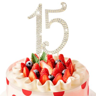 15 Cake Topper, Number 15 Gold Rhinestones Birthday Cake Topper for 15th Birthday or Anniversary Party