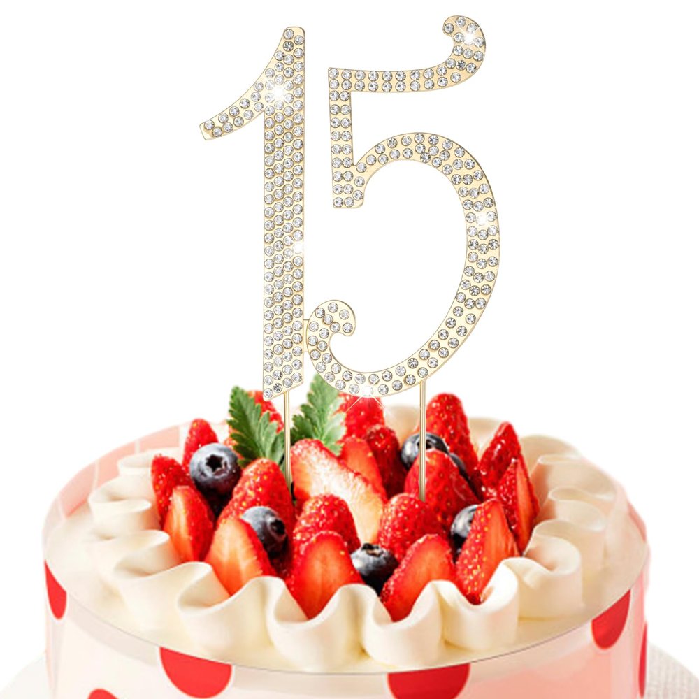 15 Cake Topper, Number 15 Gold Rhinestones Birthday Cake Topper for 15th Birthday or Anniversary Party