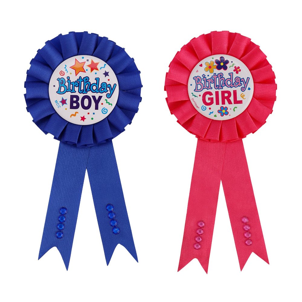 2pcs Birthday Boy & Girl Pins, Satin Ribbon Happy Birthday Button Party Badge Decorations for Women & Men Party Celebrations (Pink, Blue)