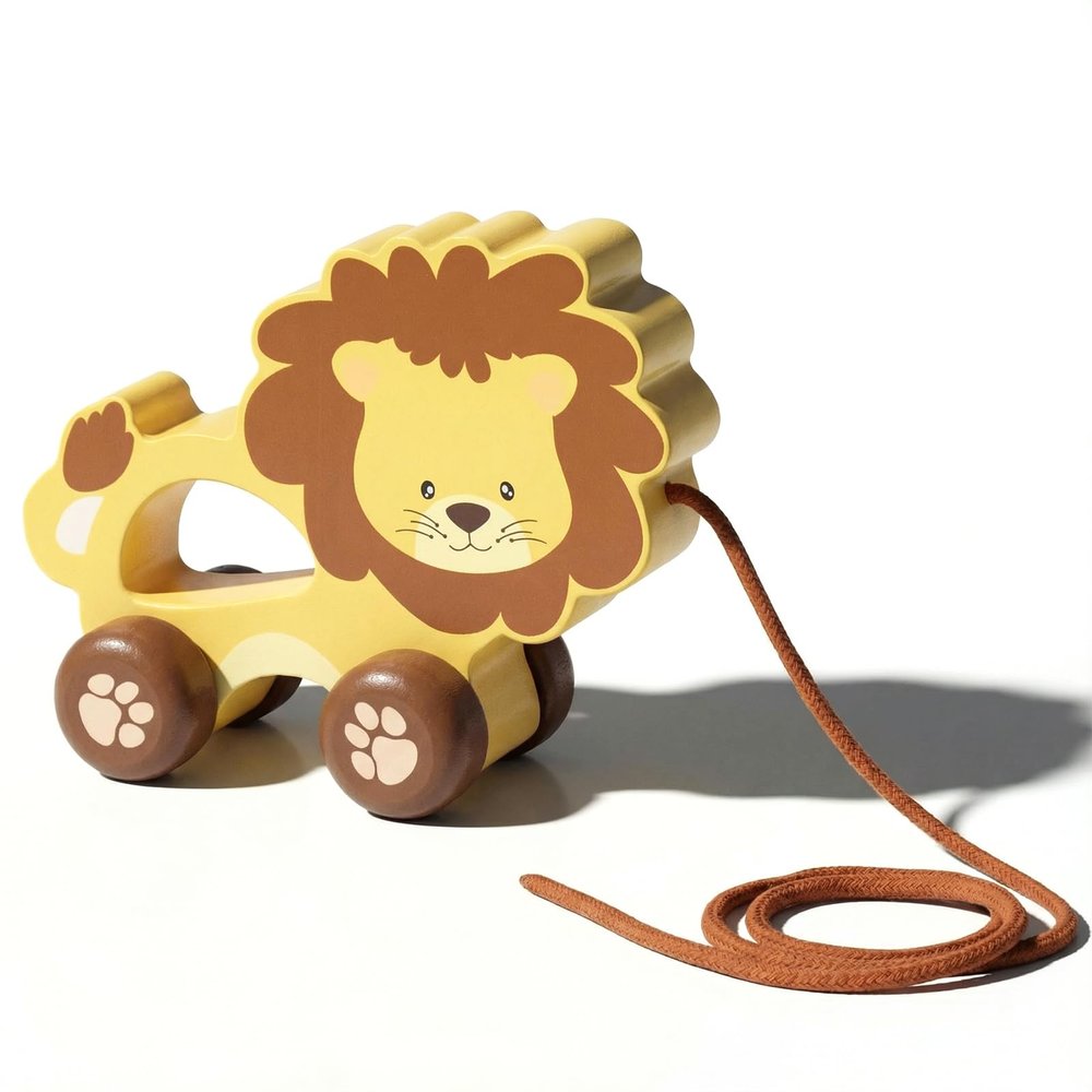 WoodenEdu Baby Toys Car,Wooden Pull Along Toddler Toy, Developmental Toy for 1 Year Old Girl Boy Birthday Gift (Lion)