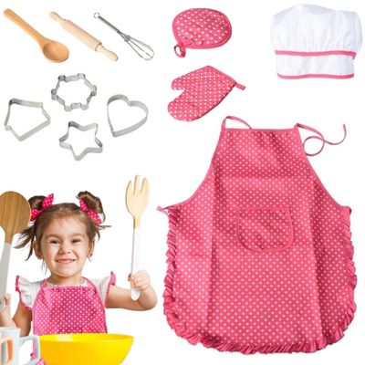 11PCS Kids Kitchen Playset, Kitchen Playset with Kids Apron, Chef Hat and Other Accessories, Pretend Role-Play Set for Age 3+