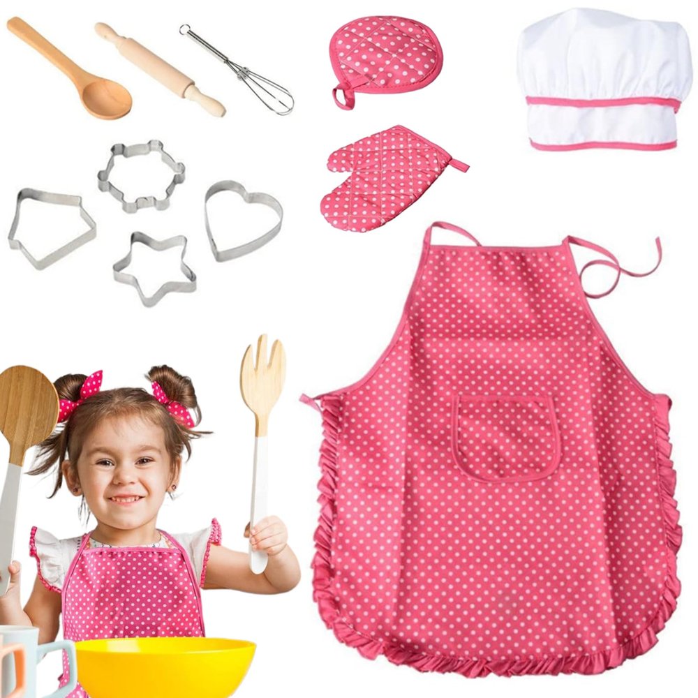 11PCS Kids Kitchen Playset, Kitchen Playset with Kids Apron, Chef Hat and Other Accessories, Pretend Role-Play Set for Age 3+